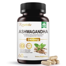 Royavita Ashwagandha Supplements 2400mg Organic with Black Pepper Vitamin B12 & B6 for Max Absorption Stress Relief Athletic Performance for Men & Women 60 Capsules