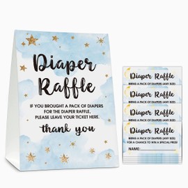 Gihyan Diaper Raffle Baby Shower Game Set(1 Standing Sign + 50 Finding Cards), Moon and Star Diaper Raffle Tickets for Baby Shower, Twinkle Twinkle Little Star Gender Reveal Party Favor Decor - A24