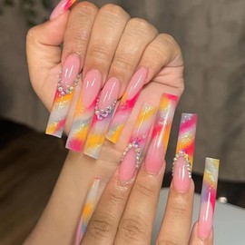 French Tip Press On Nails Fake Nails Long Square Coffin with Nude Yellow Pink Gradient 3D Pearls Designs Glossy Acrylic False Nails Glue on Nails Full Cover Thick Stick on Nails for Women Girls 24Pcs SGCY-156