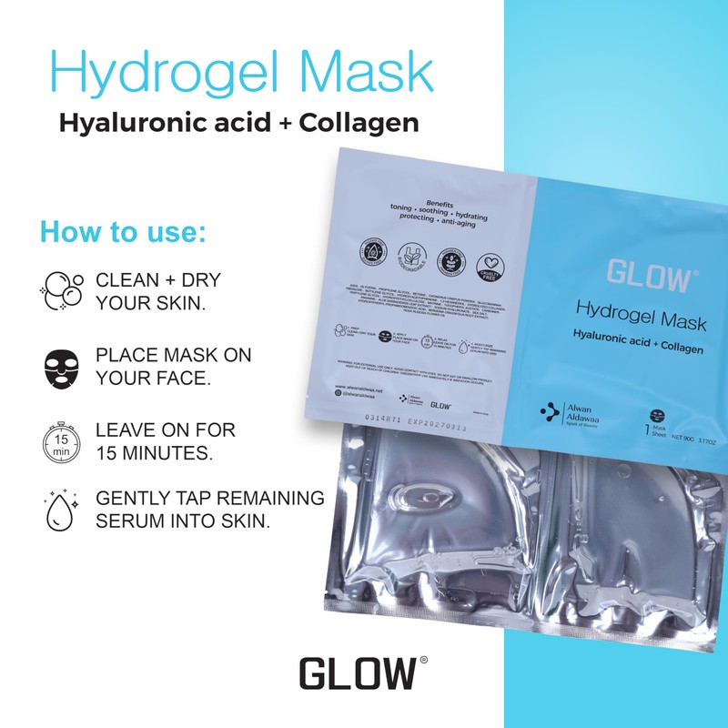 GLOW Hydrogel Face Mask, Hyaluronic Acid and Collagen, Hydrating and