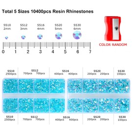 10400PCS Lake Blue Rhinestones, Jelly Resin Rhinestones for Nails, Flatback Non Hotfix Crystals DIY Rhinestones for Crafts with 15 cm Pencil Sharpener and Tweezer & Picker Pen (Lake Blue AB)
