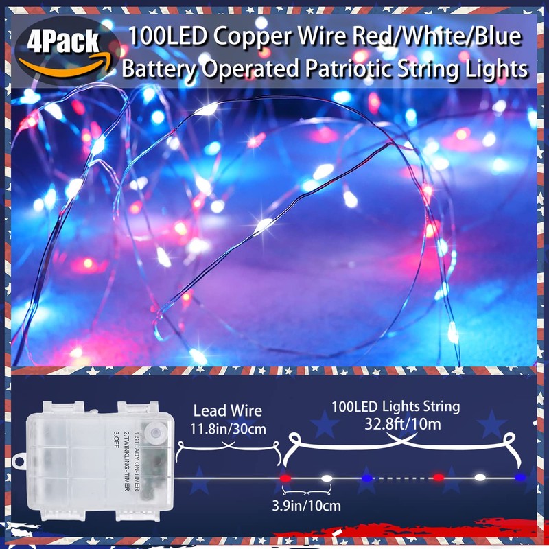 Yayfazy 4th of July Decorations Outdoor/Indoor Timer Fairy String Lights,4PACK