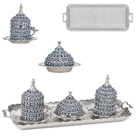 Alisveristime Handcrafted Turkish Evil Eye Espresso Coffee Cup Set with Tray and Sugar Bowl - (Set of 2) (Silver)