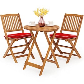 Tangkula 3 PCS Patio Folding Bistro Set, Outdoor Acacia Wood Chair and Table Set w/Padded Cushion& Round Coffee Table, Ideal for Indoor Patio Poolside Garden (Red)