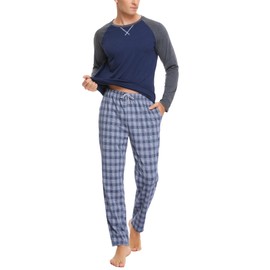 Litherday Men's Long Checked Pyjamas Set with Crew Neck Cotton Sleepwear Winter Pyjamas Two Piece with Pockets Sleepwear for Spring Autumn, Style1-navy, M