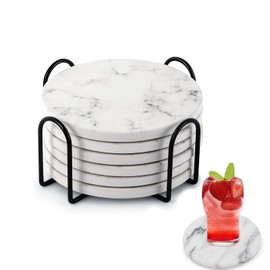 Posavasos de Cermica, Posavasos Redondo Diseo de Mrmol, Juego De 6 (Blanco-1)                                                                         