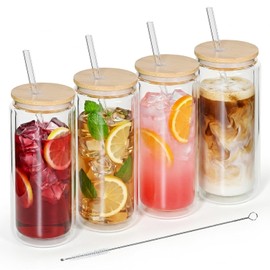 FECBK 4 Pack Glass Cups with Lids and Straws 16 oz Double Wall Glass Tumbler Insulated Borosilicate Iced Glass Coffee Cups for Iced Coffee, Smoothies, Tea, Juice