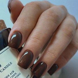Dark Brown Press on Nails Short Solid Color False Nails with Designs Full Cover Square Fake Nails Glossy Glue on Nails Reusable Acrylic Nails Summer Stick on Nails for Women and Girls 24PCS