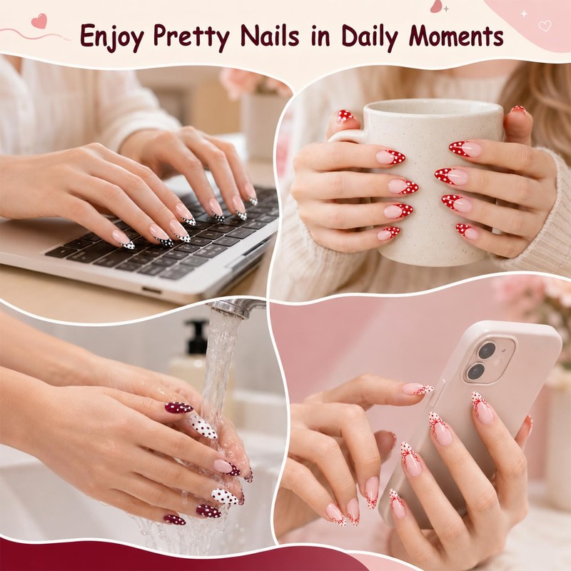 96Pcs Short Almond Press On Nails, Polka Dot False Nails
