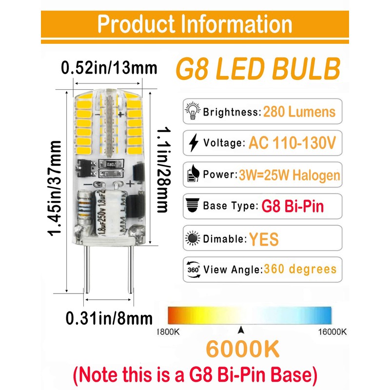 G8 Led Bulb Dimmable 3W,G8 Halogen Bulb 20W-25W Equivalent,AC 120V