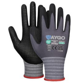 KAYGO Work Gloves with Grip Dots on Palm for Anti-Slip - 12 Pairs, KG19N, MicroFoam Nitrile Coated Light Oil Compatible, Seamless Knit Nylon Gripper Work Gloves for Warehouse, Automotive (Grey, S)