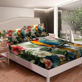 3D Parrot Bedding Set Queen Size Tropical Birds Animal Bed Set for Teens Bedroom Decor Watercolor Blooming Flowers Fitted Sheet Soft Microfiber Nature Palm Leaves Bedspread 3 Pcs,No Flat Sheet