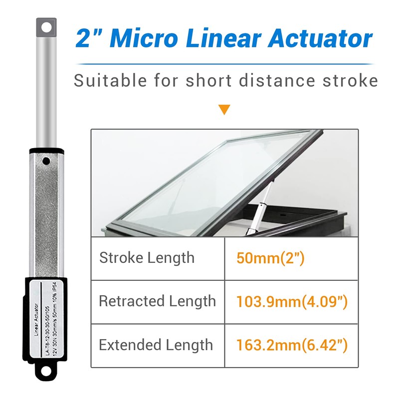 USLICCX 12V Mini Electric Linear Actuator 2" Stroke, 64N/14.4lb, Waterproof