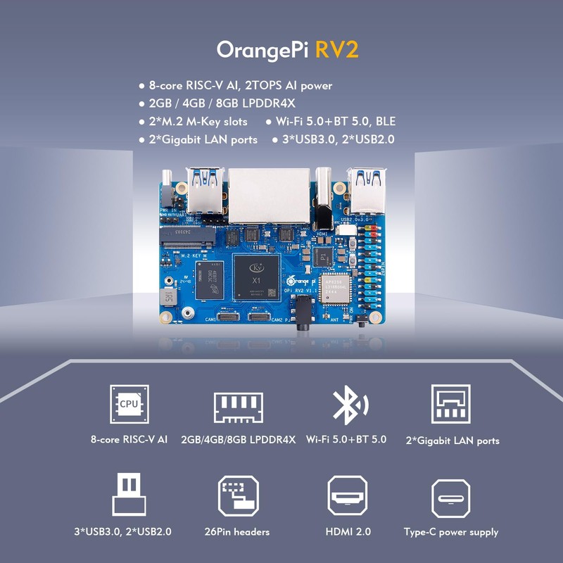 Orange Pi RV2 2GB/4GB/8GB LPDDR4x RISC-V Single Board Computer with