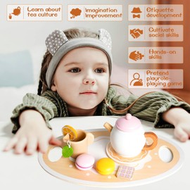 Wooden Tea Party Set for Little Girls,Pretend Play Kitchen Accessories for Toddler 2-10 Years Old,20pcs Wooden Toys for 2 3 4 5 6 Year Old Girl Birthday Gift