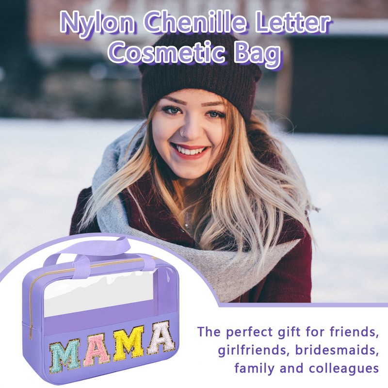 Bolsa de chenilla con parche de carta, bolsa de cosméticos