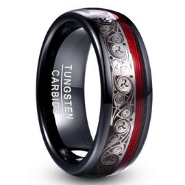 Vakki Black Tungsten Carbide Ring for Men with Spiral Pattern and Red Guitar String Inlay 8mm Domed Wedding Bands Size 11