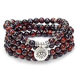 108 Mala Prayer Beads Bracelet Necklace Protection Yoga Meditation Jewellery with the Evil Eye Charm Yoga Symbol (Red Tiger Eye)