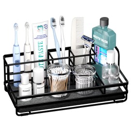 HapiRm Toothbrush Holders for Bathroom - 5 Partitions Bathroom Counter Organizer with Instant Drying Stone, Stainless Steel Countertop Storage Electric Toothbrush Toothpaste Holder - Black
