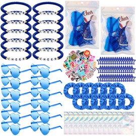 Landical 146 Pcs/12 Set Cheerleader Gifts Bulk Cheer Gift for Team Cheer Bracelets Sunglasses Satin Scrunchie Clips Cheerleading Stickers Bags Accessories for Women Girl Cheerleader Team Coach