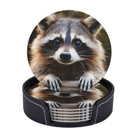 6 Pack Cute Raccoon Leather Coaster with Holder for Drinks- Heat Resistant Non-Slip Funny Animal Coasters for Wooden Table Coffee Bar Kitchen Decor Housewarming, Set of 6
