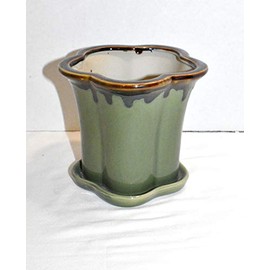 New 5" Ceramic Clover Shape Green & Reactive Brown Edge Planter Plant & Saucer