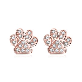 SLUYNZ Sterling Silver Dog Cat Paw Earrings Studs for Women Teens CZ Small Print Earrings Cute Paw Earrings Stud (C-ROSE GOLD)