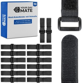Velcro Cable Ties with Buckle, Pack of 15, 10 cm Length, in Black, Nylon Cable Velcro, Buckle Velcro Strap, Resealable Cable Organisation, Cable Ties Velcro Closure, Clamp Cable Tape
