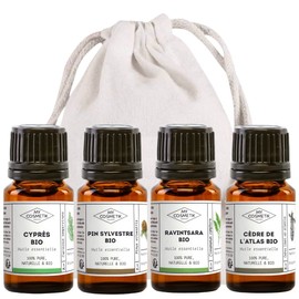 MY COSMETIK - Fir Forest & Undergrowth Package - Set of 4 Essential Oils to Spread - Cypress - Scots Pine - Ravintsara - Atlas Cedar - 4 x 5ml + 100% Cotton Bag