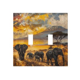 Huzdzhy Decorative Art Light Switch CoversMount Kilimanjaro Elephant Trek 2 Gang Double Toggle Wall Plate Decorative Switchcover Electrical Switchplate