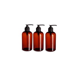 Empty Shampoo Bottles - 8 oz - 3 Pack - Pump Bottles Dispenser for Soap Cream Lotion Gel -Amber PET Boston Round with Black Pump- by Natural Farms