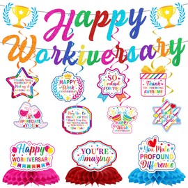 13 Pcs Work Anniversary Decorations, Happy Workiversary Banners with Hanging Swirls and Honeycomb Table Centerpieces, Employee Appreciation Office Party Decor