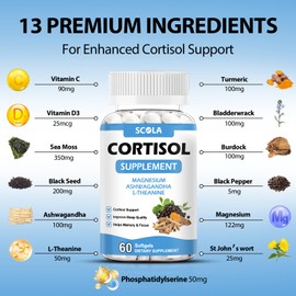 Cortisol Supplement for Women and Men with Magnesium, Ashwagandha/L-Theanine, Cortisol Detox Manager, Cortisol Reducer Supports Relaxation & Calm, Mood, Sleep, 60 Count