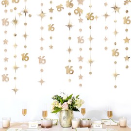 Champagne Gold 16th Circle Dot Star Garland Streamer Champagne Gold Metallic Glitter Paper Number 16 Hanging Banner for Sweet 16 Years Old Sixteen Birthday 16th Anniversary Party Decorations Supplies