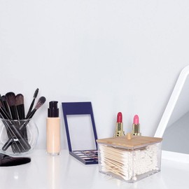 Vilde Storage Container for Cotton Buds Cotton Buds Holder Cotton Buds Dispenser with Bamboo Wood Lid for Bathroom 9.5 x 9.5 x 8.5 cm