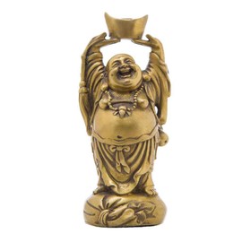 Chinese Fengshui Handmade Brass Laughing Buddha Holding Ingot Figurine Wealth Home Decor TQ176