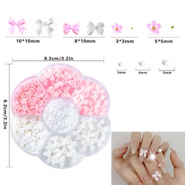 Blumen 3d Nails Art Charms,Bogen Nagel Deko,Charms Nägel mit Weißen Halbperlen,Schleifenknoten Nagelsticker Strasssteine Nagelschmuck Kristall,Acrylnägel Nagelanhänger für Nagelsteine,Schmucksteine
