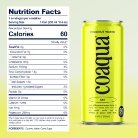 CoAqua Organic Coconut Water, 24 Pack, Natural Electrolytes for Hydration, Naturally Sweet Electrolyte Drink Potassium, Pure Coconut Water Not from Concentrate, Fat Free, Low Sugar, 8.4 Fl Oz Cans