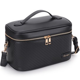 Youngoa Large Makeup Bag for Women, Leather Travel Make Up Case, Waterproof Cosmetic Bags with Removable Divider and Shoulder Strap