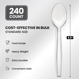 240 Count Extra Heavy Duty Clear Plastic Spoons, Solid and Durable Premium Disposable Spoons - BPA-Free & Heat Resistant Plastic Cutlery Utensils for Parties, Events and Everyday Use