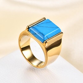 YIFSIY Turquoise Rings for Men Women 18K Yellow Gold Plated 10x15 mm Square Turquoise Signet Ring Vintage Jewelry Gifts for Birthday Father's Day Size 8
