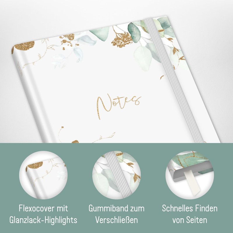 paper&you® Notebook Squared A6+ with Elastic Band [Gold Leaf] with