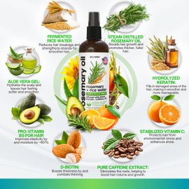 SELFWISE Rosemary Oil and Rice Water Hair Growth Spray - Serum with Biotin, Keratin, Caffeine, Vitamins C & B5 for Hair Mask, Hair Care, Scalp Treatment, Thickening Dry Damaged Hair for Women & Men 12oz