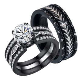 Couple Ring Bridal Set His And Hers Women 10k Black Gold Plated 2CT CZ Men Titanium Band Wedding Ring Band Set