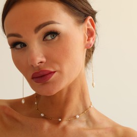 Kyazeo Dainty Pearl Earrings for Women 18K Gold Plated Simple Pearl Drop Earring Long Chain Wedding Earrings Everday Jewelry for Bridesmaids