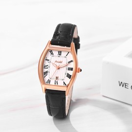 JewelryWe Women's Leather Watch Women's Analogue Quartz Classic Business Casual Watch with Leather Strap Gift for Women Girls, Tonneau - Black, Strap.