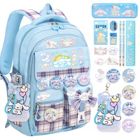 KIEAL 16.5IN Backpack for Girls with 24Pcs Kawaii Accessories, Anime Anti-Theft Schoolbag for Students Aged Between 4-8 Years Old, New Semester Presents with Pins and Card Holder