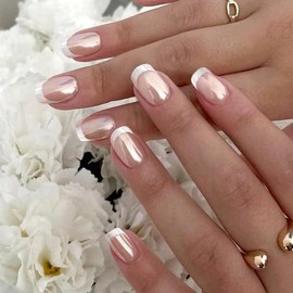 Milky White Press On Nails | CurvLife Nail | 24pcs Short Round Fake Nails | Glossy Natural Finish | Easy Apply, Comfortable & Durable | Daily, Business & Elegant Nail Art:_Rose Gold French Glow