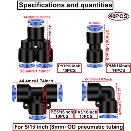 HAXIHA Pack of 40 5/16 Inch Air Push Quick Attachments, Pneumatic Connectors, Splitter/Angle/T-Piece/Straight Push-to-Connect Fittings Kit Air Line Fittings