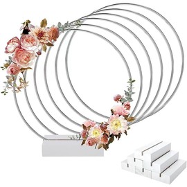 BSTMOME 6 Pack 30cm Metal Floral Hoop Centerpiece with Wooden Stand for Making Wedding Table Decor, Wall Hanging Wreaths, Dream Catcher Macrame Crafts (Silver)